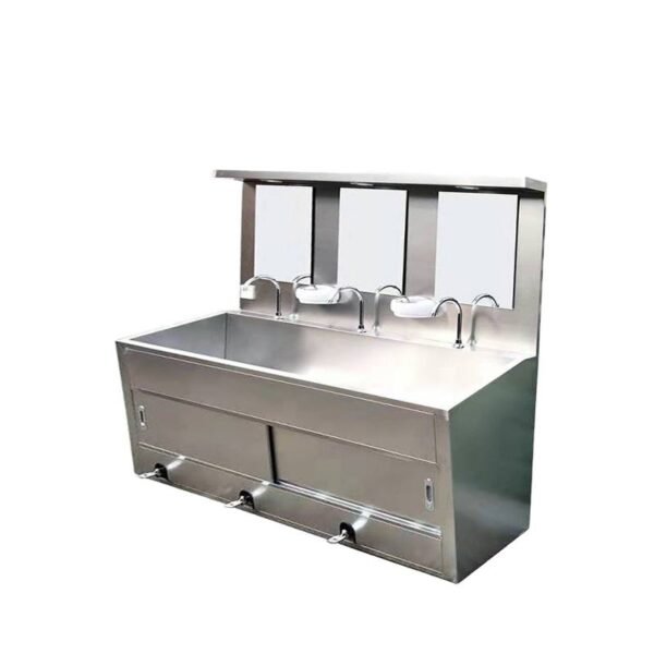 Three-person foot-operated hand washing sink